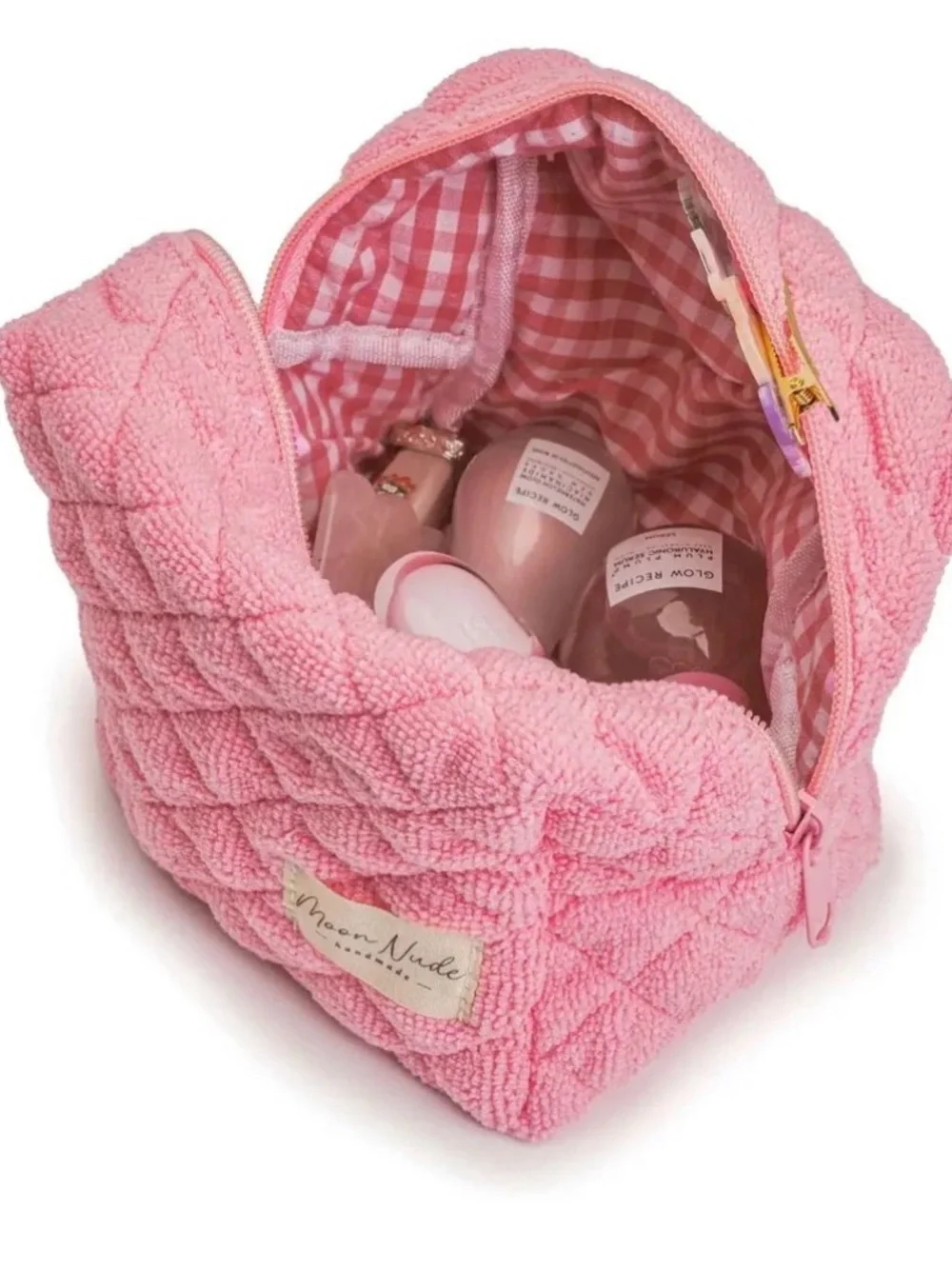 New candy mini moon nudePink Quilted Cosmetic Pouch with Checkered  pink Lining